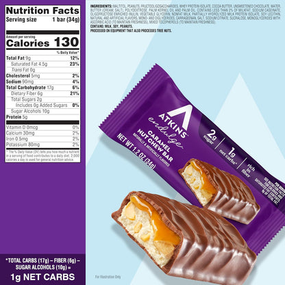 Atkins Endulge Caramel Nut Chew Bar, Dessert Favorite, 1G Sugar, Good Source of Fiber, 5 Count