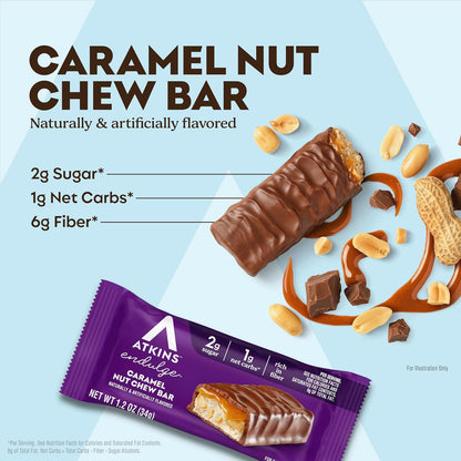 Atkins Endulge Caramel Nut Chew Bar, Dessert Favorite, 1G Sugar, Good Source of Fiber, 5 Count